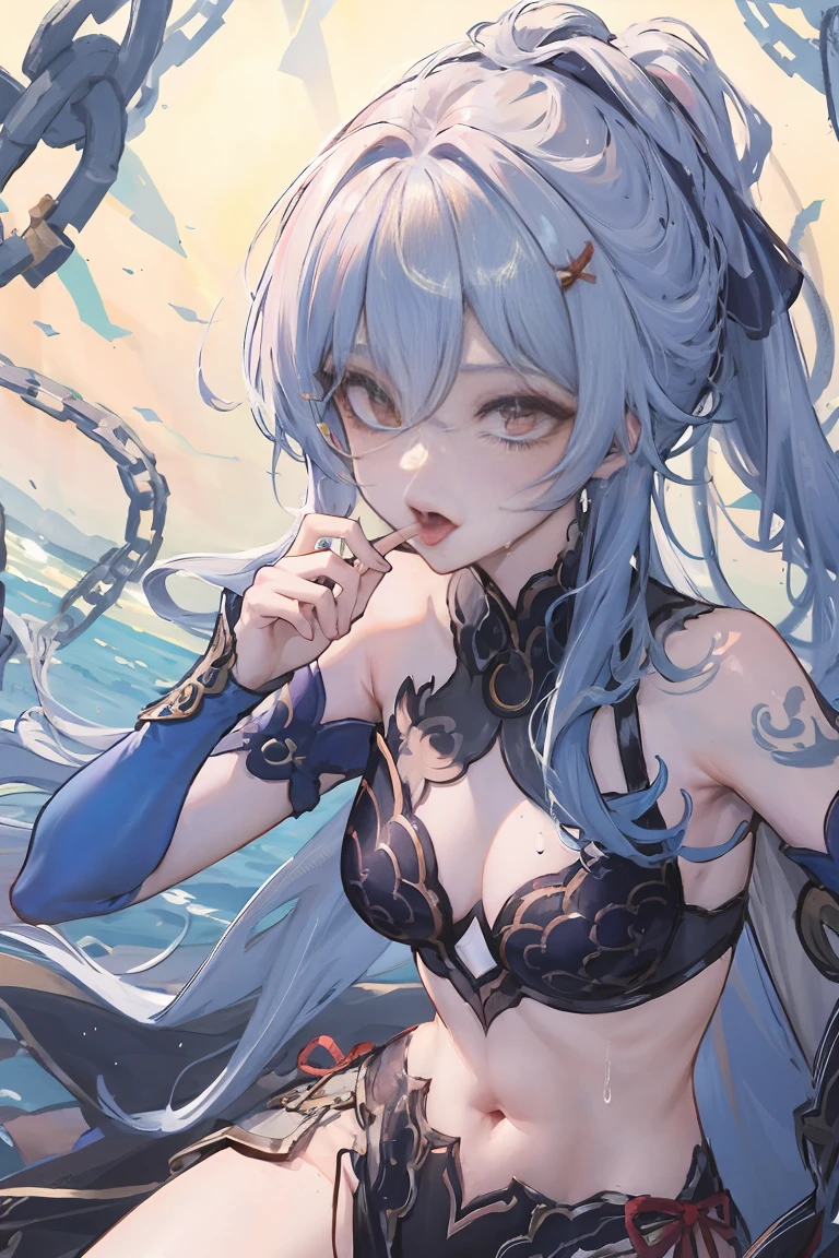 like a dream, 1 , bunk, human character, 大's, navel, ,(tmasterpiece, 最好's质量), sidelightning, ,美丽's眼睛, Subordinate chain, Slave collars, Lie down in bed, Slave costumes, roll eyes, and the tongue sticks out, With the tongue, 疯狂's, with her mouth open, scream, Ahegao, dyspnea, face flushed, Sweated, Slave costumes,,tmasterpiece, 最好's质量 at best, A high resolution, 8K, ultra - detailed, high high quality, 十几岁's女孩,clothes 99%awas,There are fewer clothes,'s,succubus theme,with tattoos