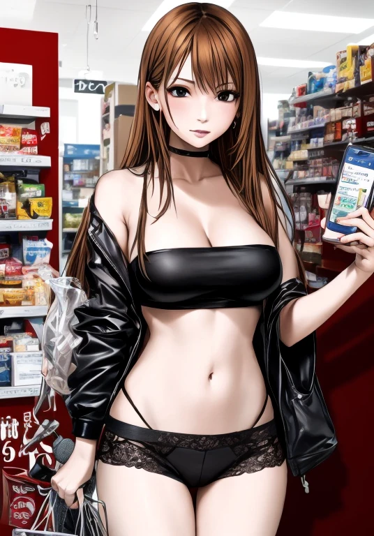 A beautiful adult woman with long, shoulder-length hair, big breasts, beautiful legs, and a sharp face is confronting a male clerk at a supermarket wearing a black tube top that exposes her navel and hot pants shaped like black panties.。