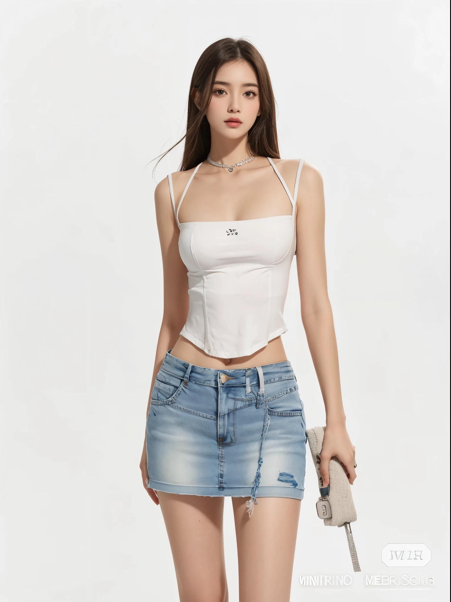 a woman in a tampo branco and blue denim skirt holding a gun, foto de modelo de menina slim, white Titular Top, usando um top cropped sexy, Titular Top, mini saia jeans, mini-saia, Titular Top, Modelo de moda feminina coreana, dilraba dilmurat, tampo branco, usando top de corte e minissaia, usando um top cropped