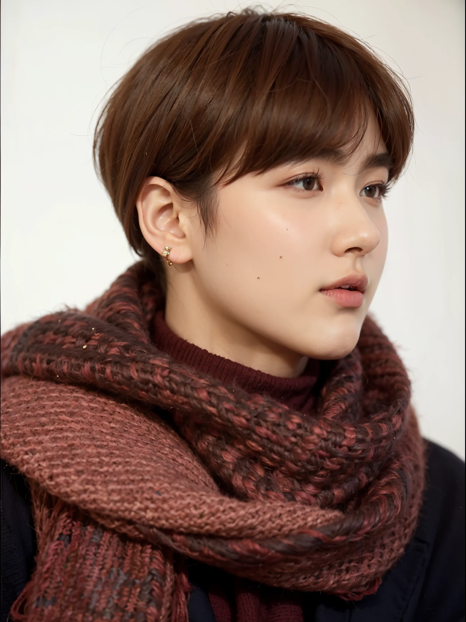 min yoongi wearing a scarf and sweater, Yoongi\'s right eyelid swollen, yoongi\Nariz grego, yoongi\Plump lips, min yoongi, He's wearing a red scarf, Yoongi de cabelos pretos, min yoongi do BTS, BTS group, melhor qualidade, HD
