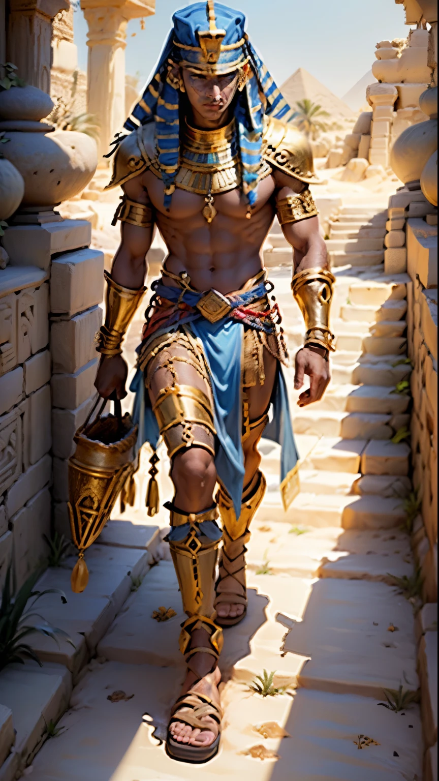 (ancient Egypt, pyramid construction, strenuous labor),(best quality,ultra-detailed,realistic:1.37),illustration,papyrus,revealing hieroglyphics,meticulous carvings,hieroglyphic inscriptions,on-site craftsmen,powerful pharaoh overseeing,temples and obelisks,marble and limestone structures,sand dunes and palm trees,sunlit desert,rich gold and vibrant blue color palette,eerie glow of torches and oil lamps