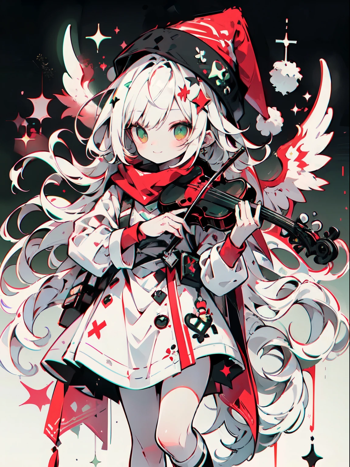 girl wearing christmass dress cotton, silk hair, night background with stars, red scarfs, playing violin, smile, cute, slim, eyes closed, white long messy curly hair, red clous hat, red short dress, slim, angel wings, sexy, poser, comftly, long black and white stripe socks, pretty face, green eye,