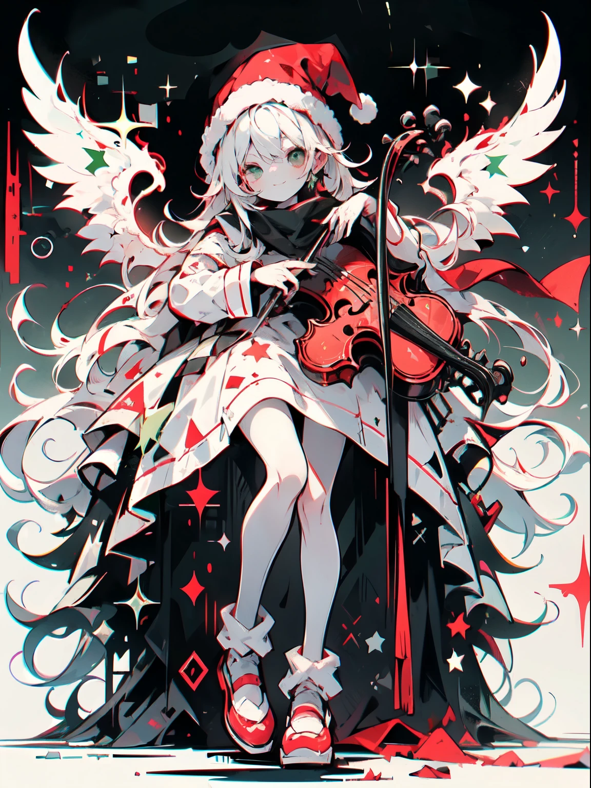 girl wearing christmass dress cotton, silk hair, night background with stars, red scarfs, playing violin, smile, cute, slim, eyes closed, white long messy curly hair, red clous hat, red short dress, slim, angel wings, sexy, poser, comftly, long black and white stripe socks, pretty face, green eye,