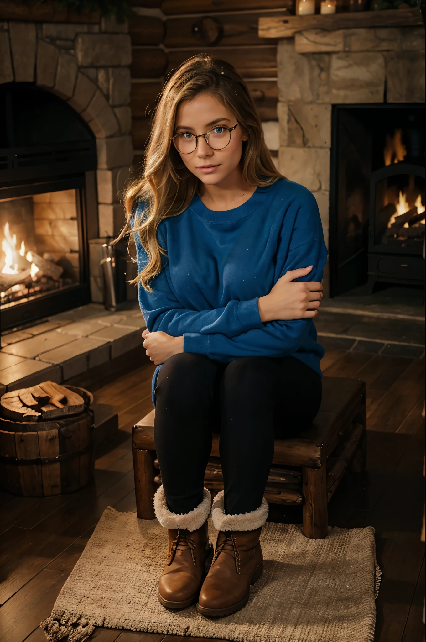 1woman, ombré blonde balayage hair, beautiful blue eyes, freckled face, circle glasses, creame sweatshirt, seamless black leggings, fuzzy faux fur ugg boots, hugging her chest, log cabin by fire place background, full body portrait.
