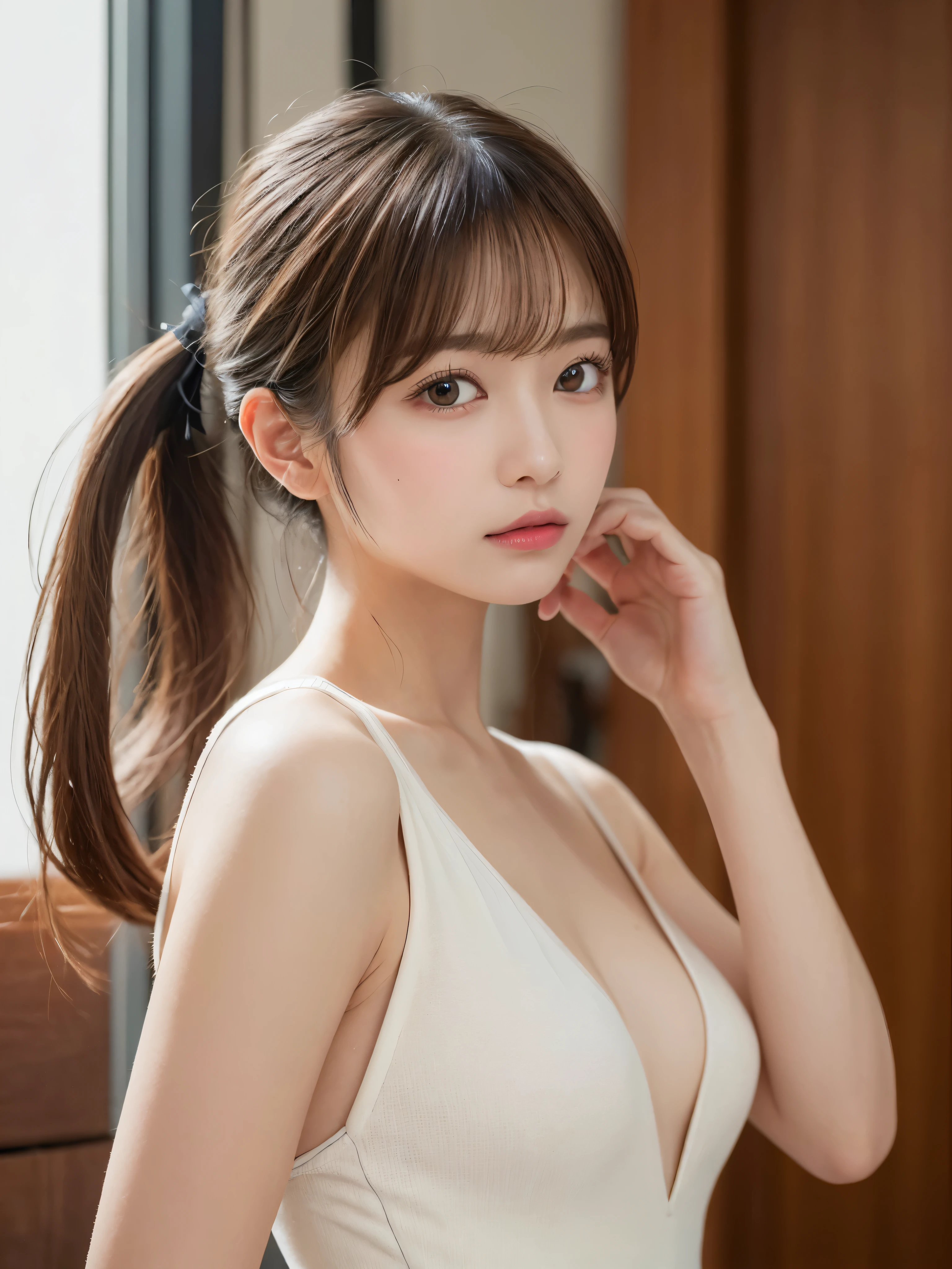 ((NSFW))、(masterpiece:1.5)、(8K)、(Photorealsitic:1.5)、Raw photography、(Top image quality:1.4)、(foco nítido:1.5)、 top-quality、masterpiece、超A high resolution、Photograph the whole body、Perfect dynamic composition、 20 years old、slender、Unwind in the living room、prety woman:1.4、serious facial expression、 Wearing a white leotard、 light brown hair、Hairstyle is Twintails、Glowing hair、 Super Detail Face、A detailed eye、二重まぶた、 Natural Color Lip、Transparent skin、
