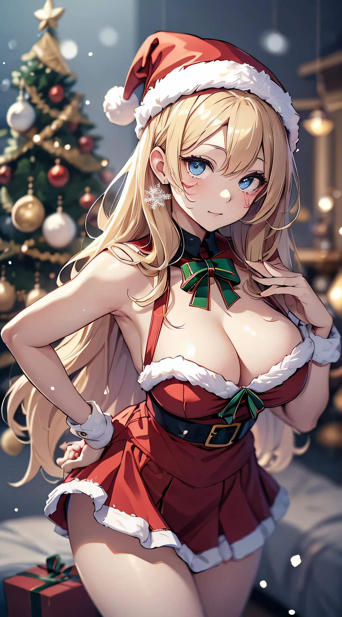 top-quality、Top image quality、masterpiece、teens girl((Cute Santa Costumes、santa style short skirt、santa style tank top、、 Ager、Best Bust、big bast,wide open breasts、Beautiful light blue eyerest, a blond、A slender,Large valleys、Reflecting the whole body、Laugh、dye one's cheeks red、Red Body Paint、Red Face Paint、be shy、heart mark、face to viewer、hold the gift bag in your right hand)),hiquality、Beautiful Art、Background with(( natta、snowflakes falling、Nice and clean room.、Christmas Party、Party Venue、Christmas Lights、Christmas tree、)))、masutepiece、depth of fields,