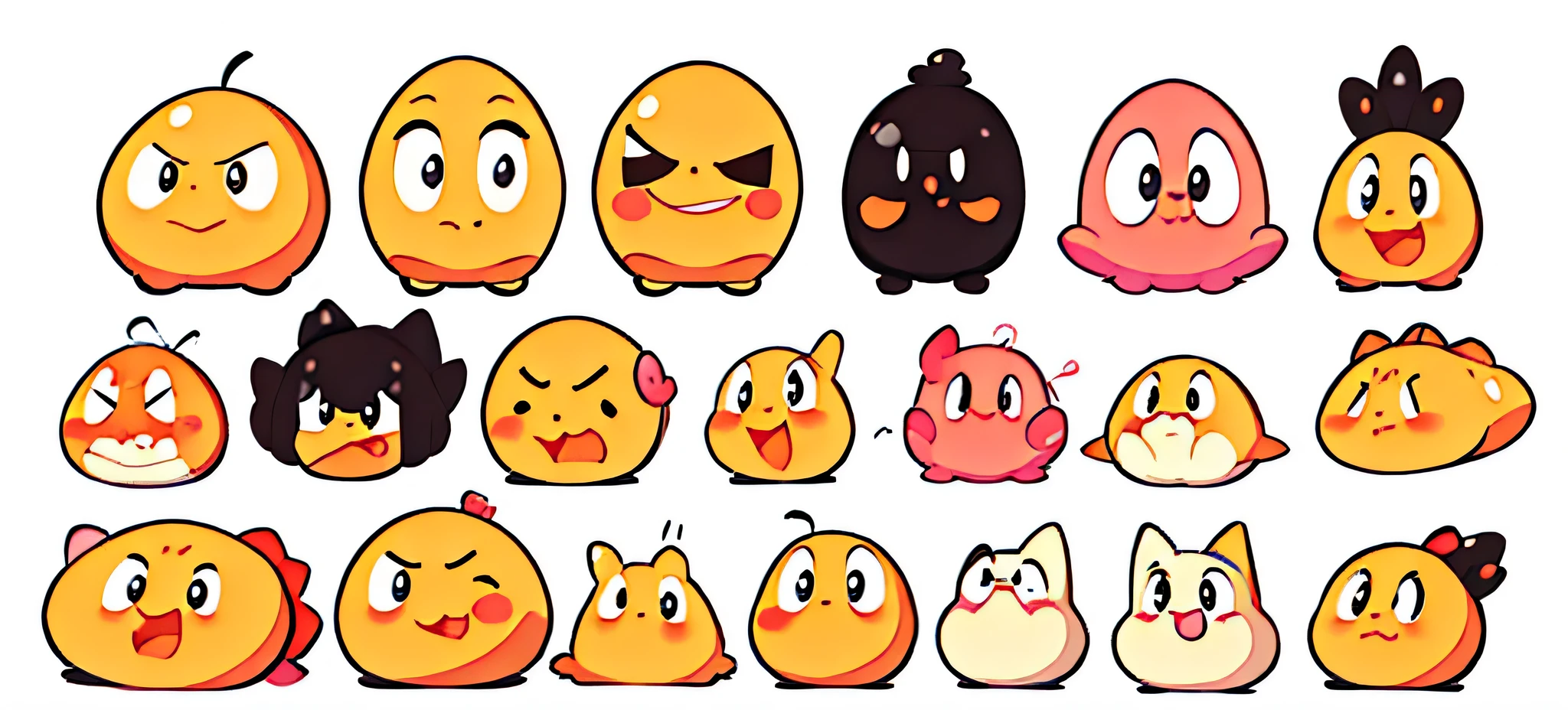 There are many kinds of eggs，Have a face and eyes, punchable expression, neutral expressions, blobs动漫, Lovely expression, favorite expressions, Bread type Pokémon, having fun,Laughter, various emotions, blobs, grin face, different expression, peach and goma style, microexpression, smile expression, cute character, spritesheet, 卡哇伊的grin face, happy expression, slimes