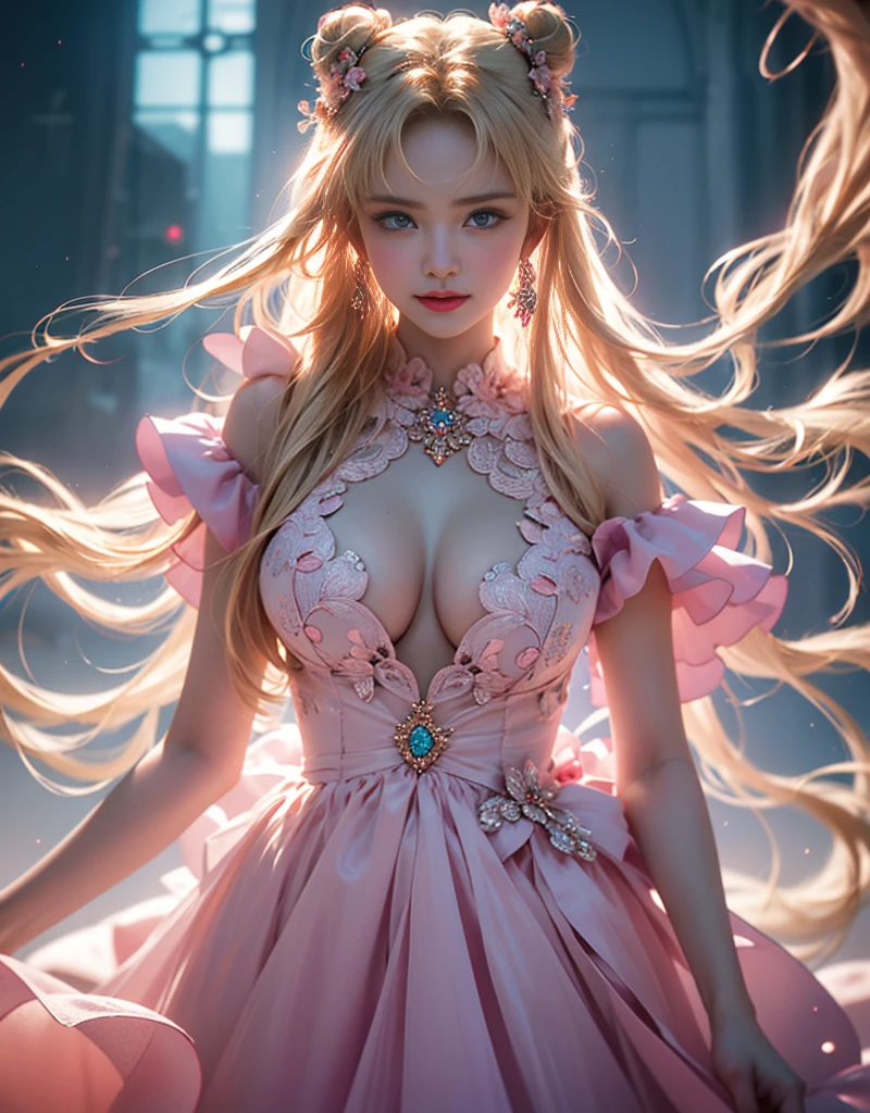 tmasterpiece，Highest image quality，super detailing，Best quality at best ,Extremely Delicately Beautiful, Very meticulous,Best quality at best, offcial art, extremely detaild的 CG unified 8k wallpapers, portrait photo of, The most beautiful look，blond hair blue eyes，Radiant skin and radiant eyes, pretty skin,(Detailed lighting:1.2), (Beautiful and detailed light:1.3), deep understanding, beautiful nude color, iintricate, digitial painting, smooth private parts, Focus sharp, The end of the world, Epic reality,looking at the camera in， (HighDynamicRange:1.4),facing at the camera， (pastel colour:1.4), Beautiful big breasts，The end of the world的, giving up, com cores neutras, natta, Screen space refraction, (Complicated details, ultra - detailed:1.3), art  stations, Cinema lenses, vignet, the complex background, buliding，Enchanted smile，face flushed，the shy，detailed back ground，（Various colors of dream catcher earrings missing color，white colors，in pink，purpleish color，red colour，blue colors，orange colors，green color，cyan colors，，），sexy and sultry，（Obscenity exposed，Camel toes，Sort out your darkness, Bushy hair，），The sexiest look，Peach Milk Tea Smooth Velvet Versailles Dress，Ultrathin，