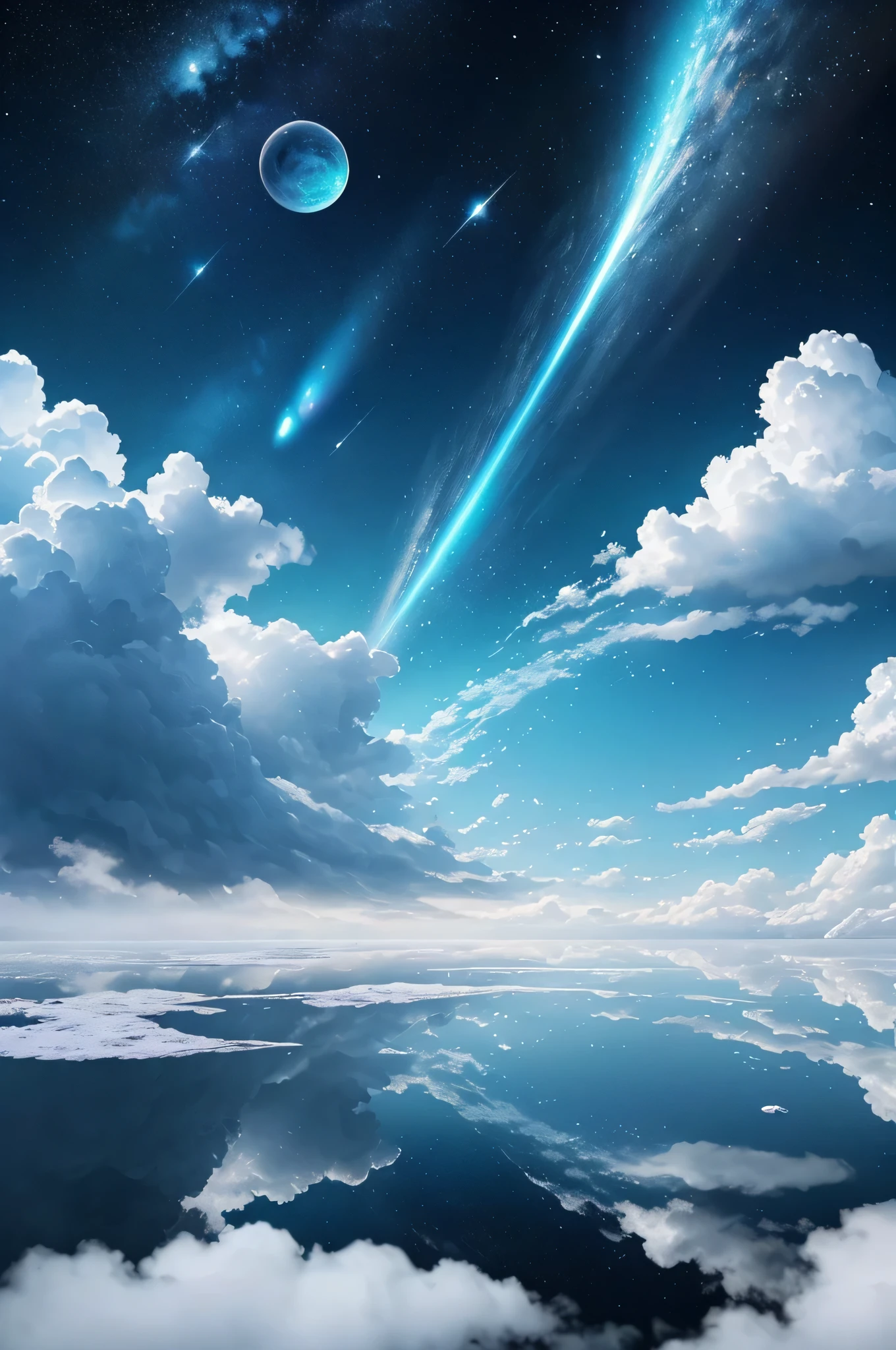 blue白色调，beautful view，beautiful white building，all white fantasy scene，((Super spectacular))，(Different levels of transformation crystals， crystals，Super quality，tmasterpiece，Super refined，A lot of detail，There is fog，美丽的sky sky与恒星和行星，宇宙sky sky的风格场景， sky sky， heaven planet in background，arte de fundo，blue，Glowing white particles，golden colored，mirror ocean，white beach，White bird，Magnificent epic scenery，detailed clouds，sankta