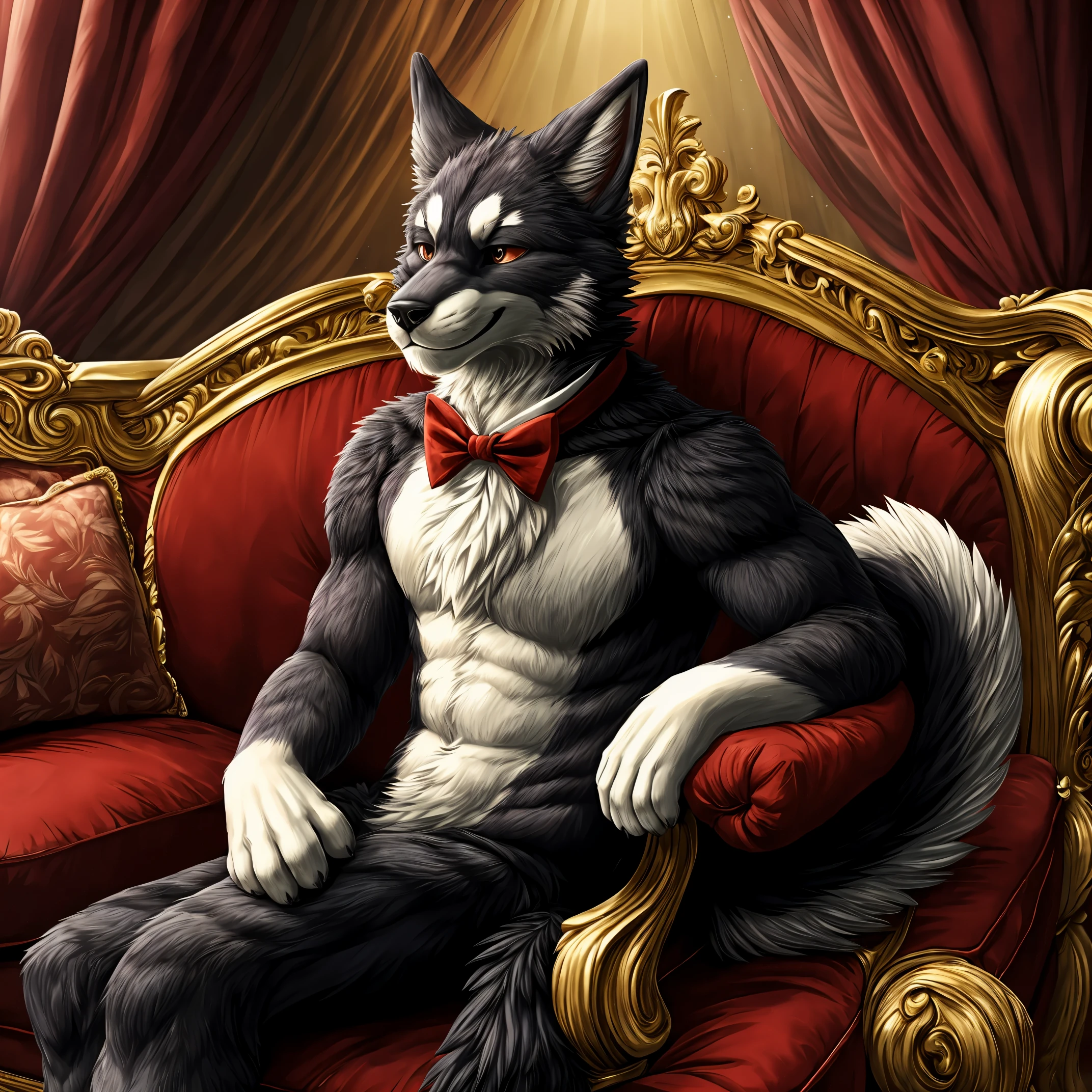 top quality, best quality, masterpiace, super high resolution, detailed background, spotlight, concert(highly detailed beautiful face and eyes)absurdres, perfect anatomy(handsome 1boy, kemono, solo focus, tuxedo)(furry)(furry anthro:1.7)(Furry body, dog facial features, dog body features)(very detailed body fur)full body, sitting, closed eyes, An opulent red velvet single-seat sofa with a sense of grandeur, adorned with lavish armrests, smile, portrait,