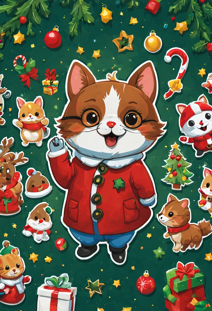 Sticker design, christmas Sticker, vector art, playful style, cute, chibi,  background, by Richard Scarry, enhance, intricate, (masterpiece, Representative work, official art, Professional, unity 8k wallpaper:1.3)