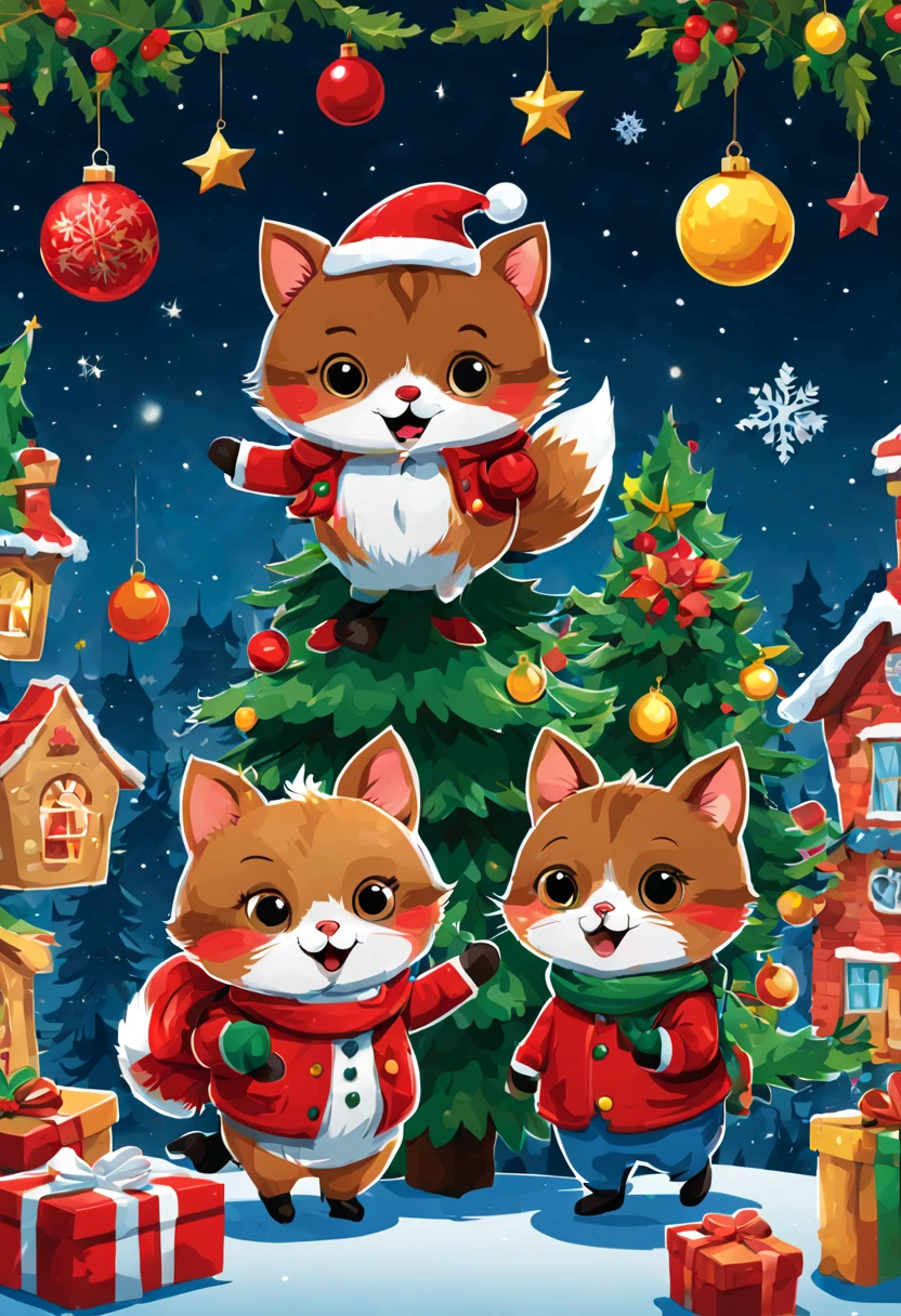 Sticker design, christmas Sticker, vector art, playful style, cute, chibi,  background, by Richard Scarry, enhance, intricate, (masterpiece, Representative work, official art, Professional, unity 8k wallpaper:1.3)