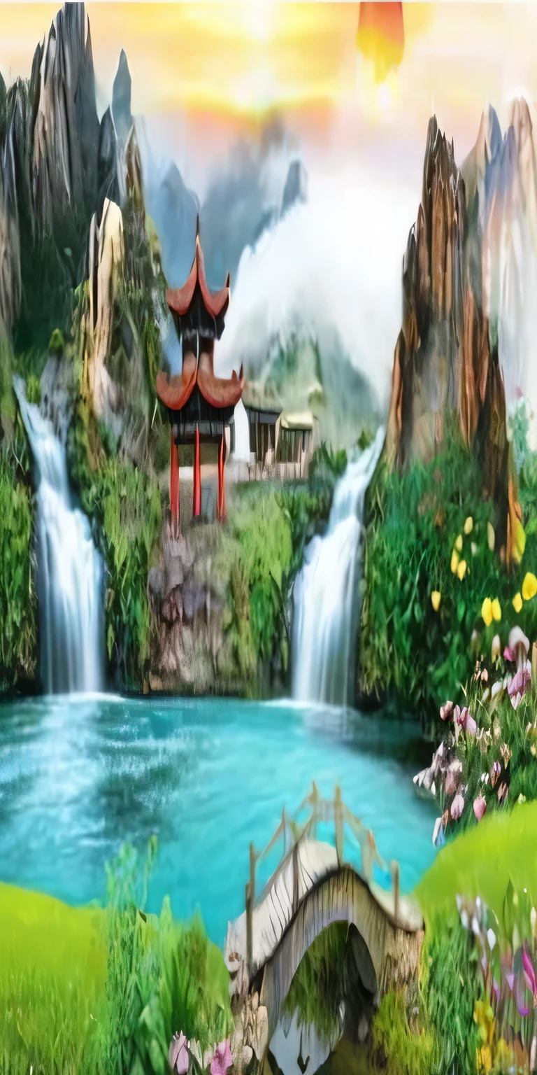 A large waterfall and a bridge in a beautiful landscape, Chinese landscape, waterfalls and lakes, dream scenery art, 3d landscape, 3d landscape, 3D virtual landscape painting, very beautiful scenery, Stunning natural background, landscape artwork, dreamlike landscapes, Incredibly beautiful, Cascades waterfalls background, chinese fantasy, Detailed explanation of landscape art, majestic nature, landscape scenery, Dream Chinatown