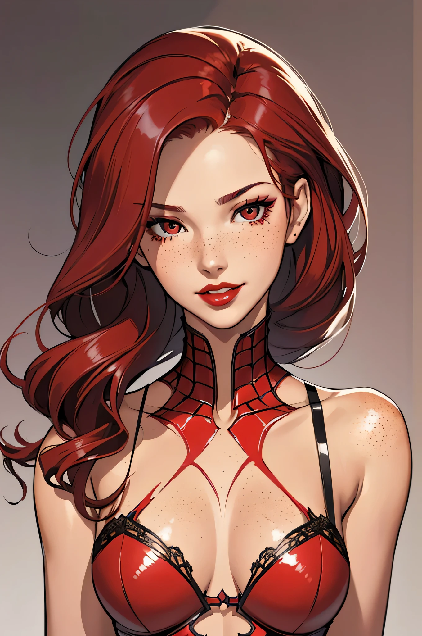 1girl,a beautiful fashion model ,(masterpiece, detailed background, best quality),shiny hair, red hair,smirk,juicy lips,red lips, lingerie, stripping, elegant makeup, exhibitionism, torn spiderman outfit, Persona3Mitsuru, art by j scott campbell, freckles