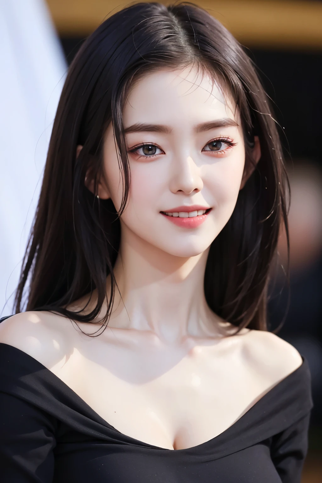 extremely detailed eye, extra detailed face, Best Quality ,masutepiece, Extremely detailed, Ultra-detailed, (Realistic, Photorealsitic:1.3), Smile, (facing front), Looking at Viewer, Black shirt, 1girl in , Long body、Skinny figure、big breasts thin waist、in a office、cleavage of the breast、Slim Faces、Slim jaw、