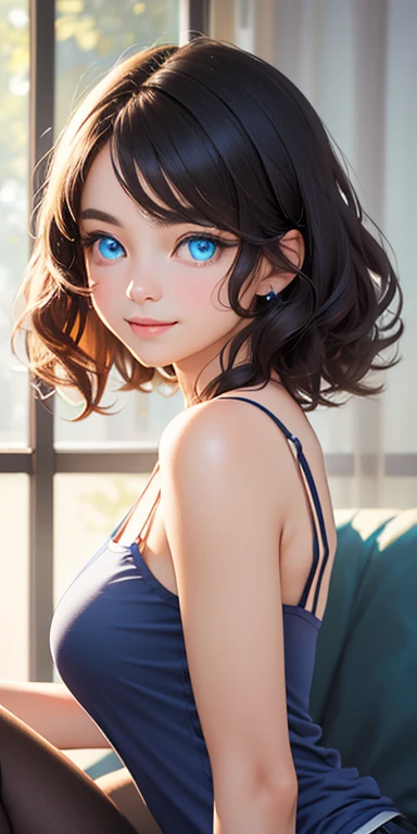 baby face, short black hair,messy hair,wavy hair, (photorealistic:1.4), (masterpiece, sidelights, exquisite beautiful eyes: 1.5), masterpiece*portrait, realistic, 3D face,kawaii face,front view: 1.5、 (glowing blue eyes:1.2),(tareme:1.5)、light smile,Rosy Mouth,Slim Body, shiny hair, shiny skin: 1.5、large breasts:1.3,solo,(sit)、(cutout between underboob and camisole)、(charactor focus:1.5、portrait)、upper body,