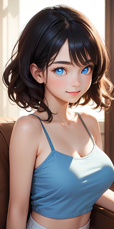 baby face, short black hair,messy hair,wavy hair, (photorealistic:1.4), (masterpiece, sidelights, exquisite beautiful eyes: 1.5), masterpiece*portrait, realistic, 3D face,kawaii face,front view: 1.5、 (glowing blue eyes:1.2),(tareme:1.5)、light smile,Rosy Mouth,Slim Body, shiny hair, shiny skin: 1.5、large breasts:1.3,solo,(sit)、(cutout between underboob and camisole)、(charactor focus:1.5、portrait)、upper body,