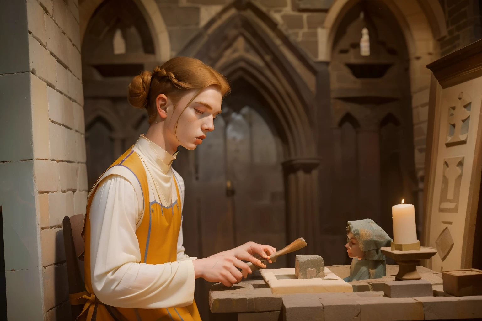 1141, Kingsbridge, England. otherworldly scene in a medieval monastery, ((((-yeld)) eron Monaghan)))) chiselling a stone, ((concentrated expression)), ((((tunic from the 12th century)))), ((Hairstyle of the 12th century)), ((Wes Anderson cinematic style)), colorful