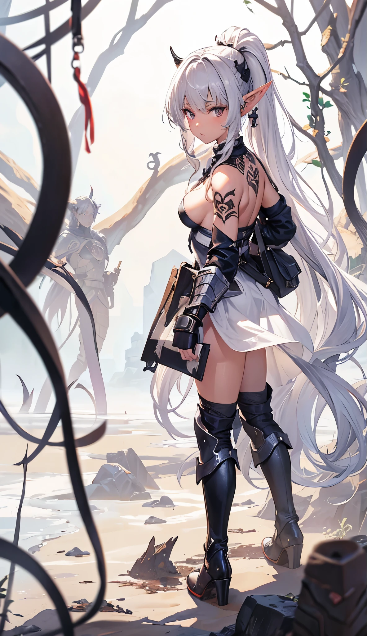 Combat action,closeup cleavage, The world of dreams, Dark Elf Maiden, curly ponytail, with brown skin , Long elven ears, demons, humanoid creature, Light cloth armor, Her skin is brown, brown skin tone, 黑The eye, , Messy White Hair,low heel boots , armour, worn leather boots, tattoo is,bag on back