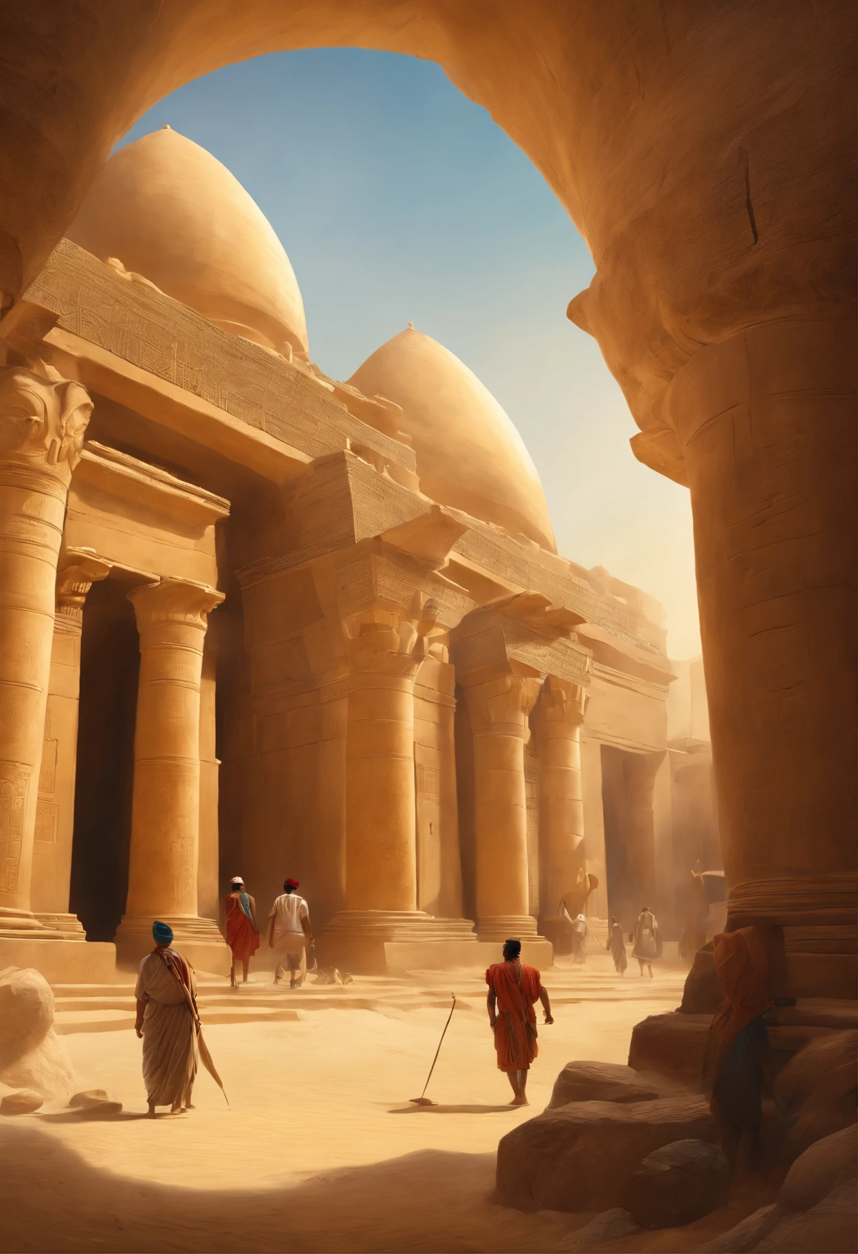 (a detailed painting),(best quality,highres),(realistic:1.37),(ancient Egypt),(tiring labor:1.1),(city construction),(hardworking man),(slavery),(busy workers),(hot weather),(desert landscape),(dusty environment),(stone quarries),(sweltering heat),(muscular workers),(carrying heavy loads),(detailed architecture),(monumental structures),(impressive temples),(majestic pyramids),(bustling construction site),(faithful reconstruction),(authentic costumes),(busy marketplace),(vibrant colors),(golden sand),(bright blue sky),(harsh working conditions),(awe-inspiring),(ancient civilization),(endurance),(man-made marvels),(impressive craftsmanship),(symbol of power),(magnificent engineering),(serene palm trees),(historical accuracy),(realistic textures),(reflection of society),(hard labor),(exquisite details),(craftsmanship),(grueling tasks),(unique culture),(striking sculptures),(artistic representation),(remarkable statues),(captivating scenery),(human achievements),(timeless beauty)