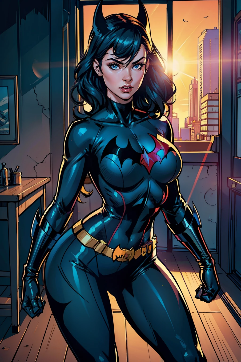 ((Realstic)) and ultra-detailed photography of a woman, sexy pose, batgirl, batwoman, action pose, whole body in frame, pin-up art, sunny, sunlight, daylight, daytime, woman is lit from the front, rim lighting, woman is well lit, sexy, beautiful woman, glowing skin, cinematic lighting, soft shadows