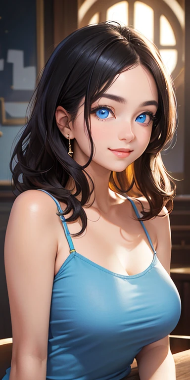 baby face, short black hair,messy hair,wavy hair, (photorealistic:1.4), (masterpiece, sidelights, exquisite beautiful eyes: 1.5), masterpiece*portrait, realistic, 3D face,kawaii face,front view: 1.5、 (glowing blue eyes:1.2),(tareme:1.5)、light smile,Rosy Mouth,Slim Body, shiny hair, shiny skin: 1.5、large breasts:1.3,solo,(sit)、(cutout between underboob and camisole)、(charactor focus:1.5、portrait)、upper body,