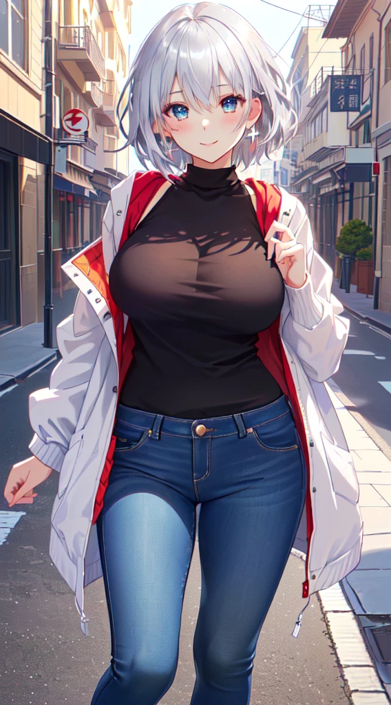 (masutepiece,the Extremely Detailed CG Unity 8K Wallpapers:1.5),(beutiful breast,Farbe_aberration,beautiful detailed shadow,Beautiful eyes,Beautiful body,Beautiful skin,beautifull hands:1.5),(鮮やかやFarbe彩,Realistic, hyper realisitic:1.5),(Curve,Farbe気,Seductive smile:1.5),(Shiny hair,silber hair,茶Farbeい目:1.5),(In the street:1.5),delicate patterns,intricate detailes,red blush,shinny skin,Seductive Anime Girl, [ 8K Digital Art ]!!, beautiful alluring anime woman, painted in anime painter studio, Smooth Anime CG Art, made with anime painter studio, realistic anime 3 d style,Unparalleled beauty, Shiny and firm skin, アッシュ系の茶Farbeの髪を, Beautiful and nice girl,kindly smile,Short hair, White sweater that emphasizes the body line, blouson jacket, snug jeans trousers,