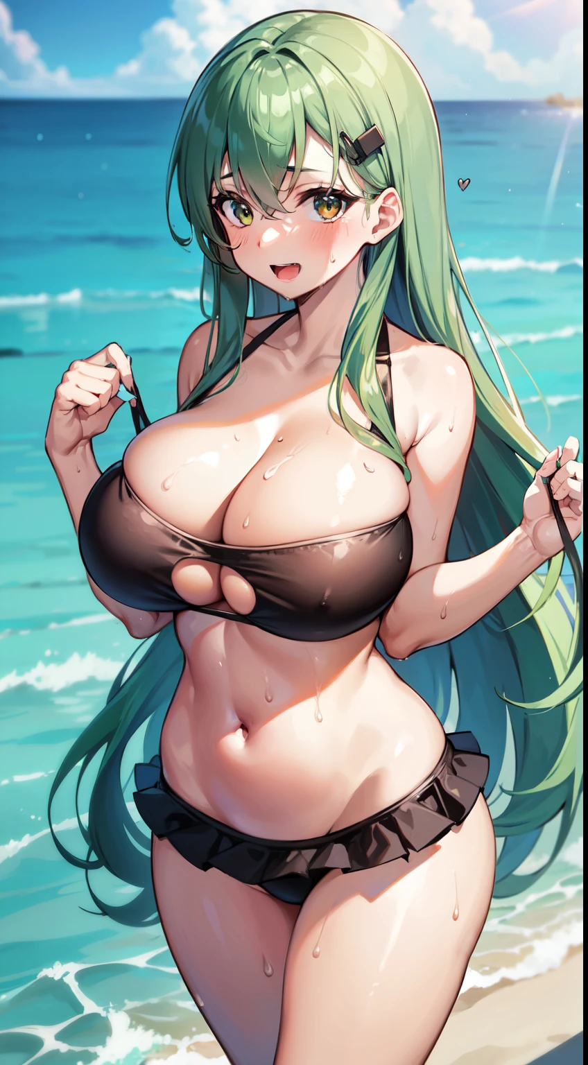 solo, milf, suzuya, kantai collection, huge breasts, long hair, tube top,frilled suimsuit,frilled bikini,long hair, green hair, wide hips,looking at viewer, wide hips, open mouth, smile,resort beach,,chubby, sweat body, wet body, light,navel,under boob,focus upper body
