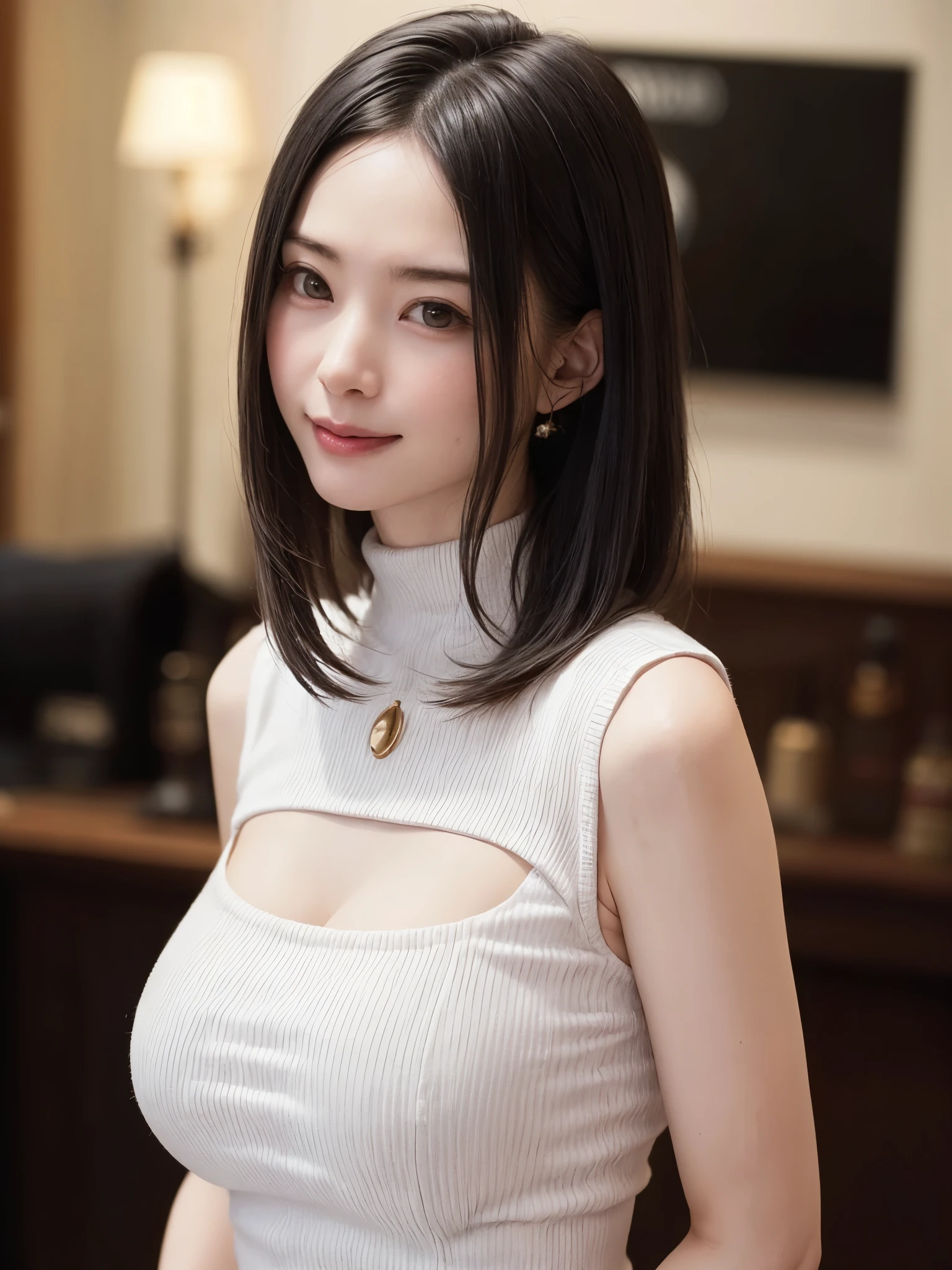 (masutepiece, top-quality、high-detail:1.4、Very attractive beauty、Add intense highlights to the eyes、Look firmly at the camera:1.4、A beautiful woman full of charm、Ideal ratio body proportions、Perfect Anatomy、Brunette Short Bob Hair、Lustrous hair、bangss:1.4、光沢のあるbangss:1.4、lipgloss),1girl in, report, Light brown shiny hair, muffler,realisitic, looking at the viewers、Tilt your head slightly, Bright colored crystal light blue eyes, short shiny hair、 White turtleneck outfit with a hole in the center of the chest,Sexy white turtleneck knit sweater with a round hole in the middle of the chest、 s lips, lipgloss, The upper part of the body、big eye、Lashes、A little red in the face、Embarrassing)、((italian road in winter))、((short hair with big eyes、Put very strong highlights in your students、{Gigantic|Big|Huge|Mega} breasts:1.4、very Bigger breasts、gazing at viewer、Very beautiful beauty、Put your ears out、long neck、little smiling、Beautiful teeth、Open your mouth and smile、Heart-shaped pupil))、28 year old、Very cute supermodel、