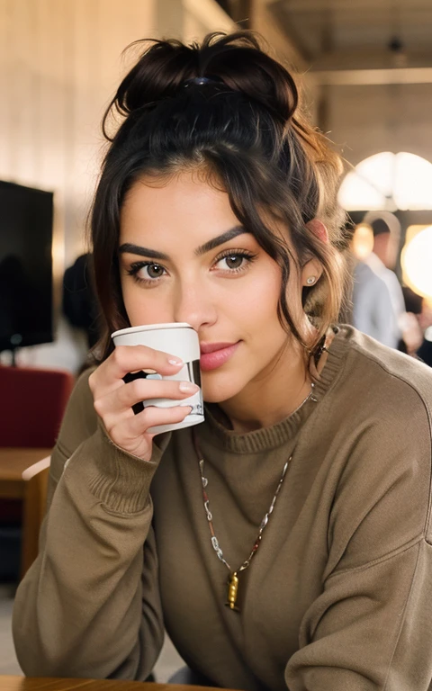 Cute beautiful brown hair with yellow sweater (Drinking coffee in a modern café at sunset), muy detallado, 24 years, Cara inocente, cabello naturalmente ondulado, ojos verdes, high resolusion, Obra maestra, Mejor calidad, Detalles intrincados, muy detallado, foco nítido, Piel detallada, realistae Hauttextur, Textura, Ojos detallados, Profesional, 4k, sonrisa encantadora, tomada con Canon, 85 mm, Profundidad de campo de la luz, Kodak Vision Color, Cuerpo perfectamente ajustado, Extremadamente detallado, Cinematographer_\(ultra\), fotorealista, realista, Postproceso, maximum details, Aspereza, vida real, ultrarealista, Cinematographerrealismus, Cinematographergrafie, 8k UHD, Cinematographergrafie