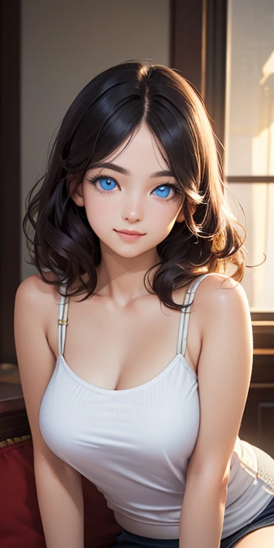 baby face, short black hair,messy hair,wavy hair, (photorealistic:1.4), (masterpiece, sidelights, exquisite beautiful eyes: 1.5), masterpiece*portrait, realistic, 3D face,kawaii face,front view: 1.5、 (glowing blue eyes:1.2),(tareme:1.5)、light smile,Rosy Mouth,Slim Body, shiny hair, shiny skin: 1.5、large breasts:1.3,solo,(sit)、(cutout between underboob and camisole)、(charactor focus:1.5、portrait)、upper body,