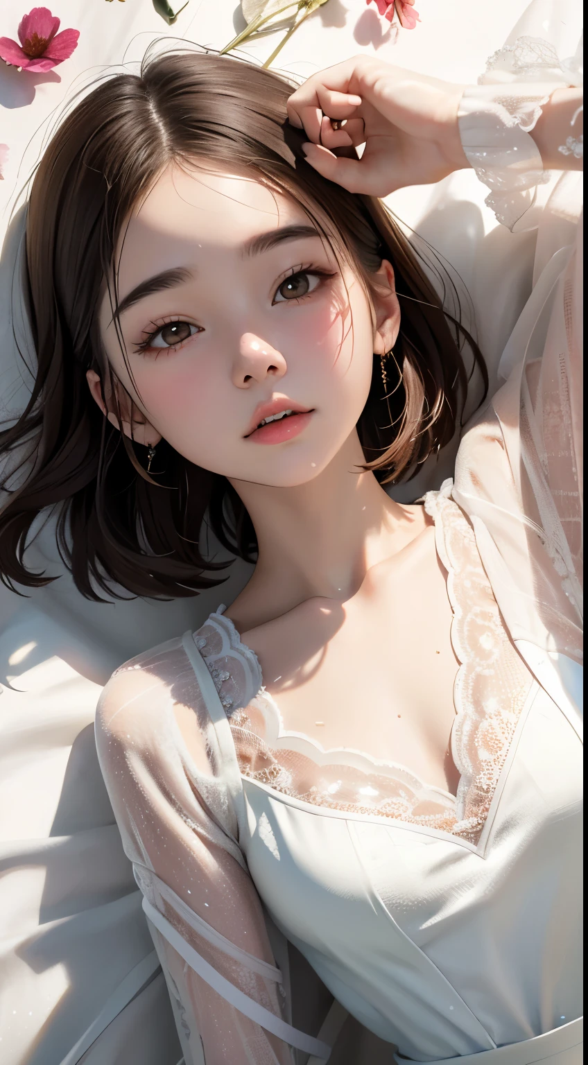 Photorealistic, High resolution, Soft light,1womanl, １６years old、、Japanese、Solo, hips up high, glistning skin, (Detailed face),Jewelry, Brown hair, short-cut、white dress flower field,(Dynamic Angle:1.1),Vivid,Soft and warm color palette, Delicate brushwork, Targeted use of light and shadow, Wide Shot,The deliciousness of wilted flowers,High contrast,Color contrast,masuter piece:1.3、