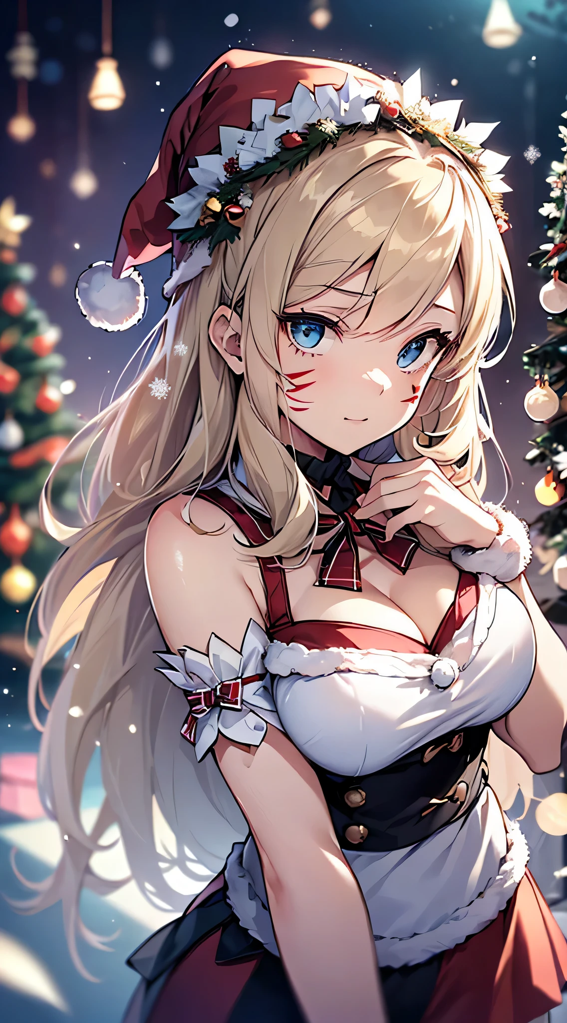 top-quality、Top image quality、​masterpiece、s girl((Cute Santa Costumes、santa style short skirt、santa style tank top、sixteen years old、 Ager、Best Bust、big bast,wide open breasts、Beautiful light blue eyerest, a blond、A slender,Large valleys、Reflecting the whole body、Laugh、dye one's cheeks red、Red Body Paint、Red Face Paint、be shy、heart mark、face to viewer、Give the gift bag to the viewer、)),hiquality、Beautiful Art、Background with(( natta、snowflakes falling、Nice and clean room.、Christmas Party、Party Venue、Christmas Lights、Christmas tree、)))、masutepiece、depth of fields,