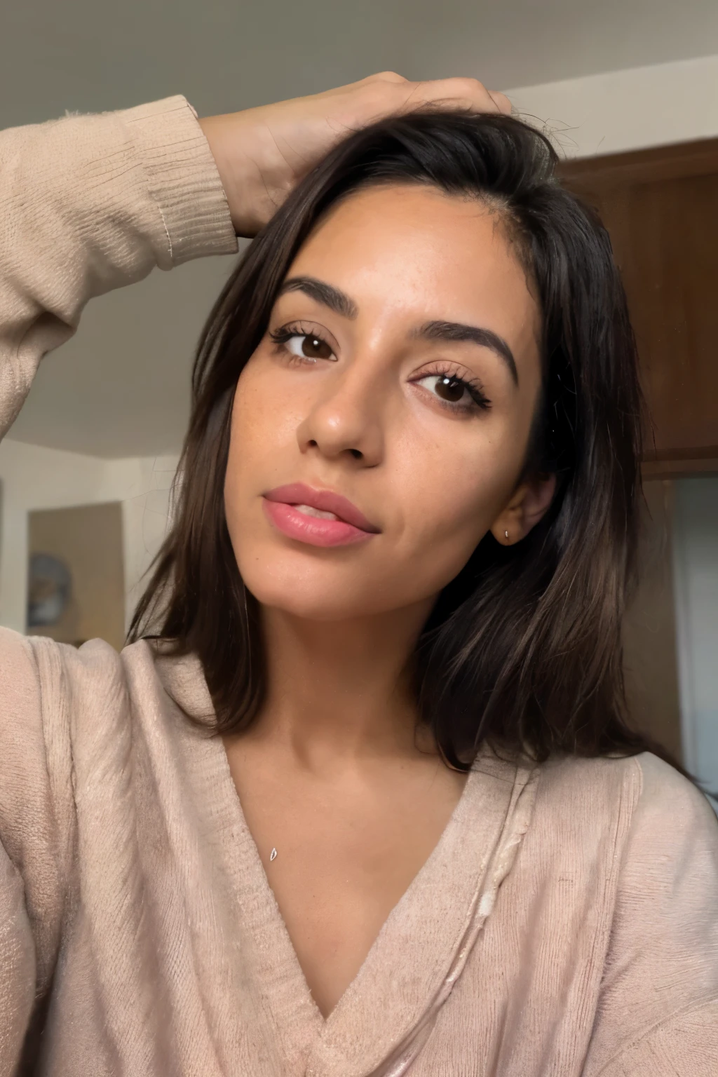 photorealistic, sharp focus, photo, beautiful 29 y.o latina-spanish girl, take a selfie,  oversized sweater, detailed skin poreace texture, pores, (goosebumbs:0.7), dynamic pose, looking at viewer, face focus, taken with mobile cam, film grain