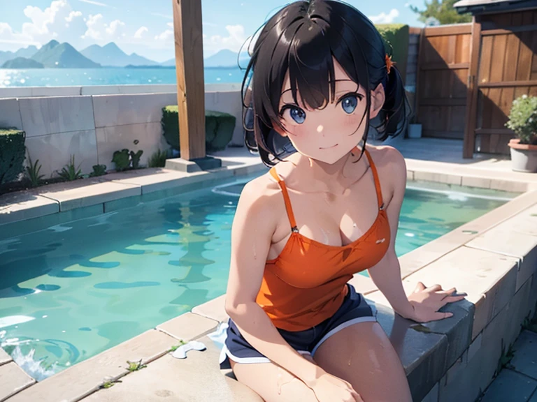 ​masterpiece,top-quality,realisitic,swim wears(orange color camisole,Dark blue shorts),Drenched in cloudy, slimy lotion,Large public bath(The hot water is a cloudy, slimy lotion.),