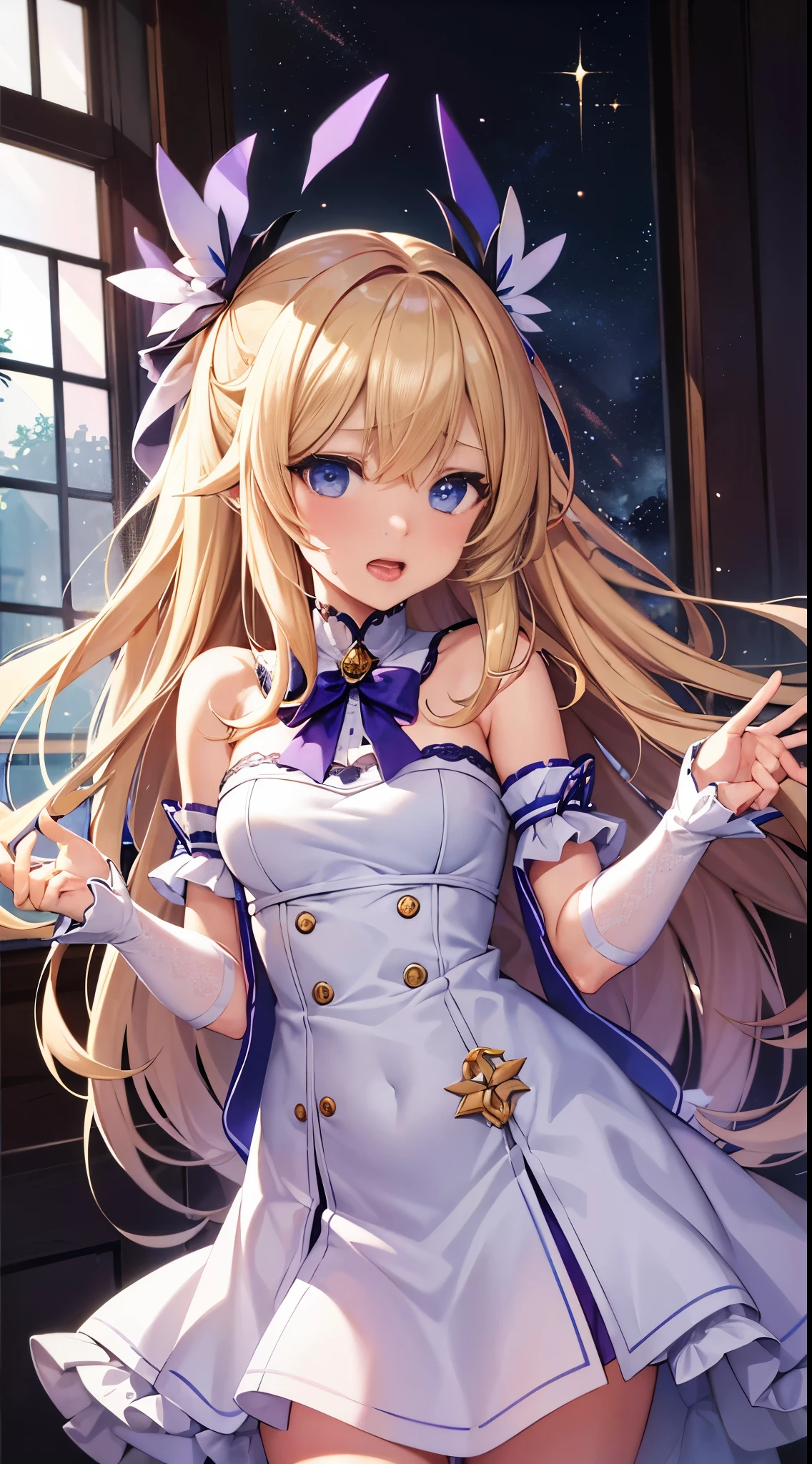 anime girl with long blonde hair and blue eyes in a white dress, small curvy loli, blonde anime girl with long hair, anime goddess, seductive anime girl, render of april, ecchi, from the azur lane videogame, splash art anime loli, ahegao, loli in dress, loli, pixiv 3dcg, ahegao, blush, sweat, open mouth, rolling eyes, tears, tongue out,
