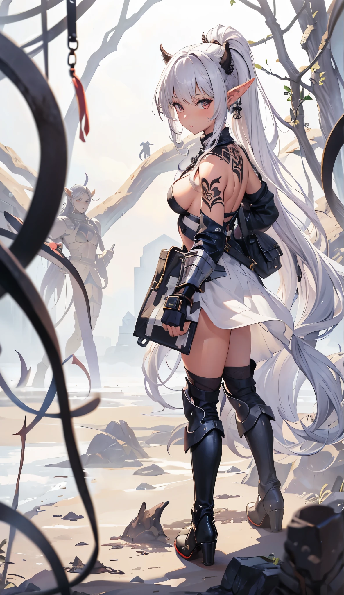 Combat action,closeup cleavage, The world of dreams, Dark Elf Maiden, curly ponytail, with brown skin , Long elven ears, The demons, humanoid creature, Light cloth armor, Her skin is brown, brown skin tone, 黑The eye, , Messy White Hair,low heel boots , armour, worn leather boots, tattoo is,bag on back