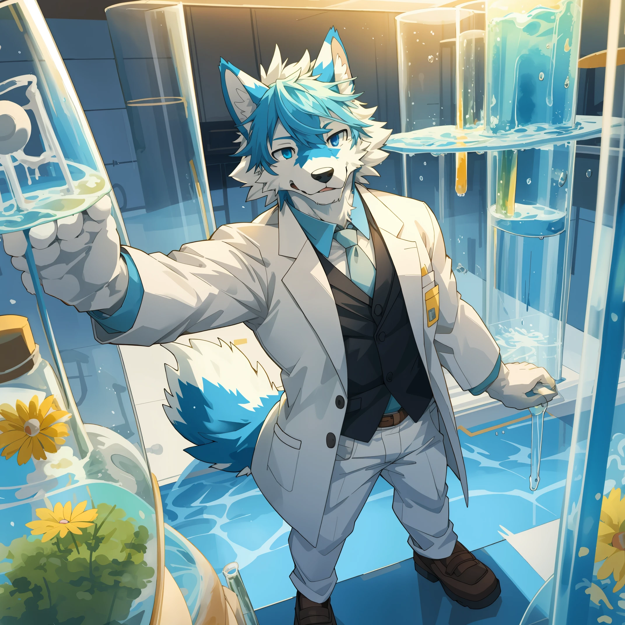 top quality, best quality, masterpiece, super high resolution, detailed background, good lighting((colorful water in test tube))laboratory(highly detailed beautiful face and eyes)absurdres, perfect anatomy(handsome 1boy, kemono, solo focus, white coat)(furry)(furry anthro:1.7)(Furry body, dog facial features, dog body features)(very detailed body fur)full body, full body, looking at view, hands on the glass,