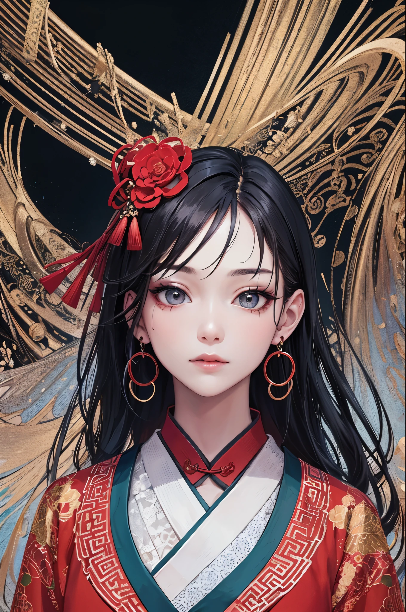 （tmasterpiece，quality，最佳quality，offcial art，Beauty and aesthetics：1.2），（1girl：1.3），The is very detailed，（s fractal art：1.1），（a color：1.1）（blossoms：1.3），Most detailed，（ zentangle:1.2), (dynamic pose), (abstract background:1.3), (chinese Traditional cloth:1.2), (shiny skin), (many colors:1.4), ,(earrings:1.4),