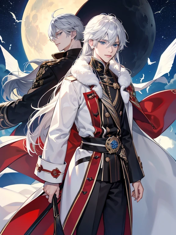 1male people, ハンサムな男らRight顔, , length hair, silver hair and blue eyes, coat with fur, prinz, Smirk、Deities々Right、a moon、shoun、perfect hand、Waist-length hair、White-based clothes、high-level image quality