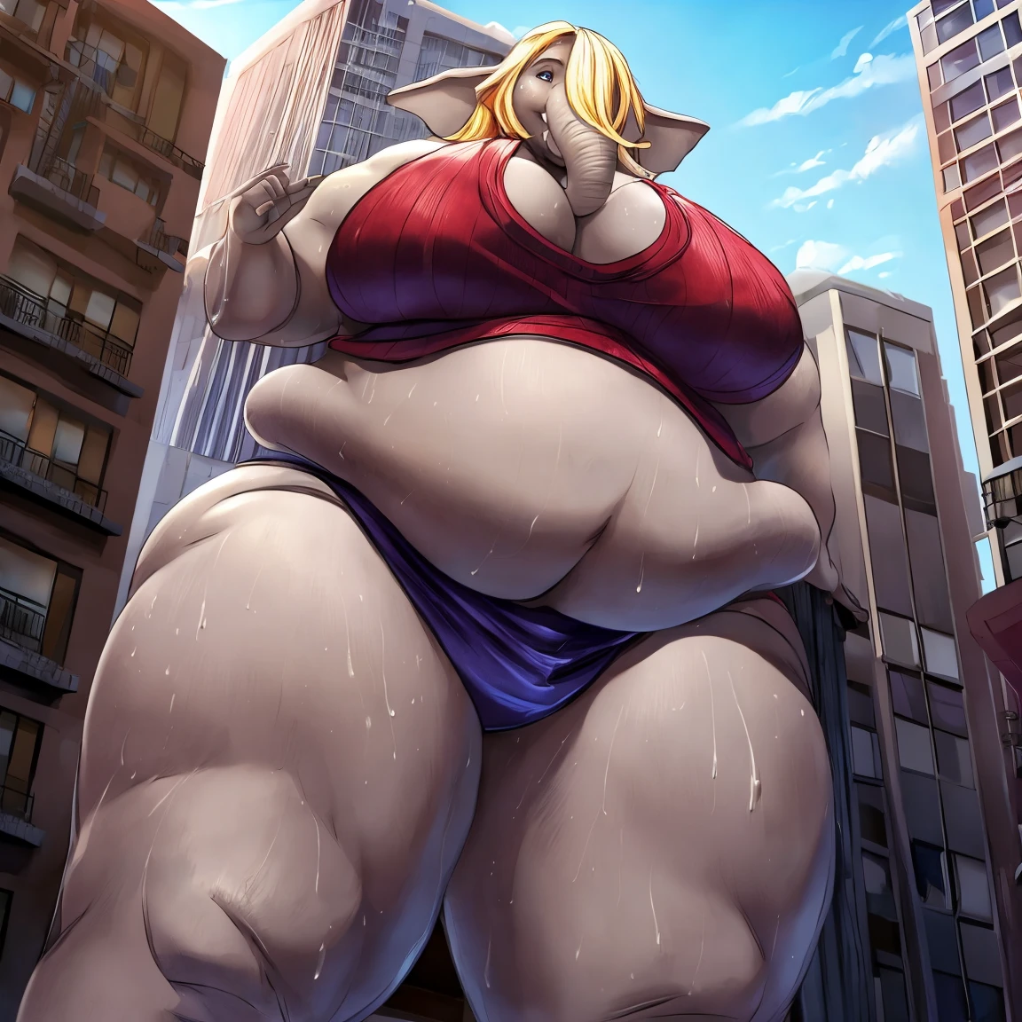 Elephant girl, furry, strong-fat, sumo, ((ssbbw)), ((morbidly obese)), ((insanely gigantic thighs)), ((insanely gigantic hips)), ((giantess)), biceps, ((insanely enormous belly)), grey skin, long blonde hair, kaiju sized, city background, seductive expression, ((tall)), ((leaning on building)), looking down at viewer, looming, very short perspective, wrestling attire, ((sweaty)), ((trunk))