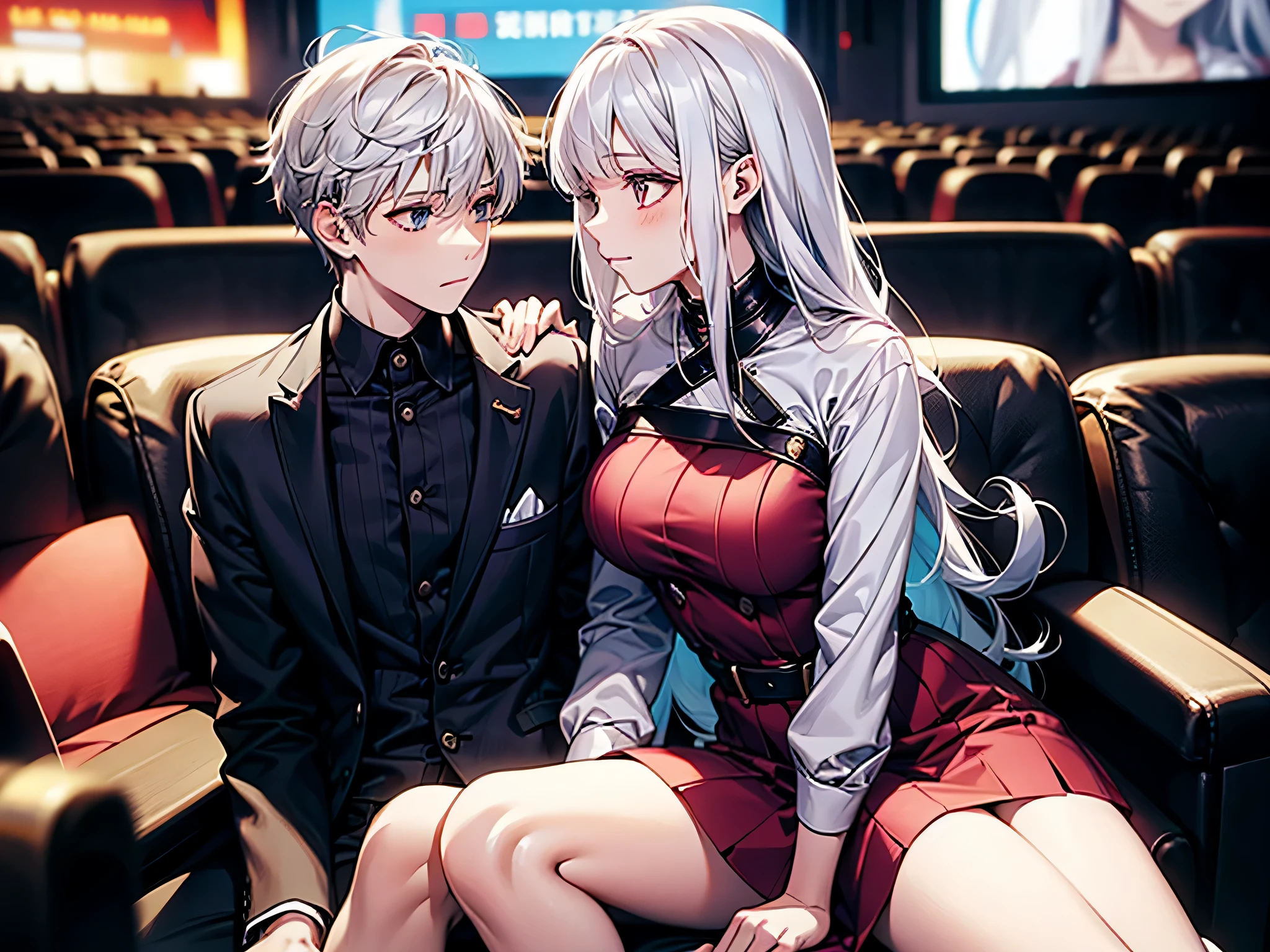long white hair girl，In the cinema，full of shyness，tmasterpiece，Best quality，sitting on seat，A boy next to me is doing this action on his seat，8K，Image quality optimization