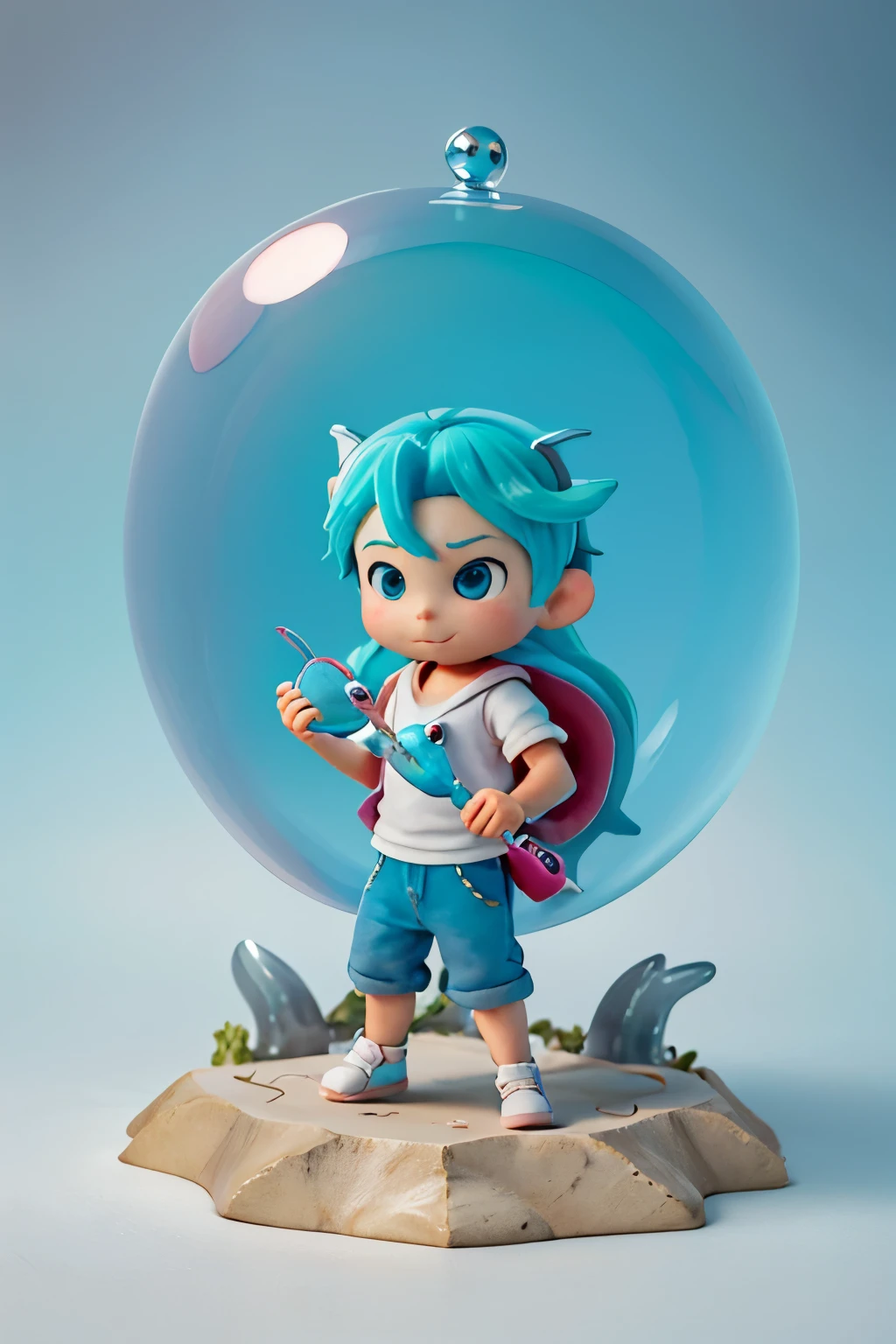 Super cute boy IP，Bubble Mart style，holding small fish in hand，Dolphin headgear，the ocean，pastelcolor，Models，a blind box toy，clean backdrop，frontage，3Drenderingof，Best Picture Quality，4k，White transparent background，