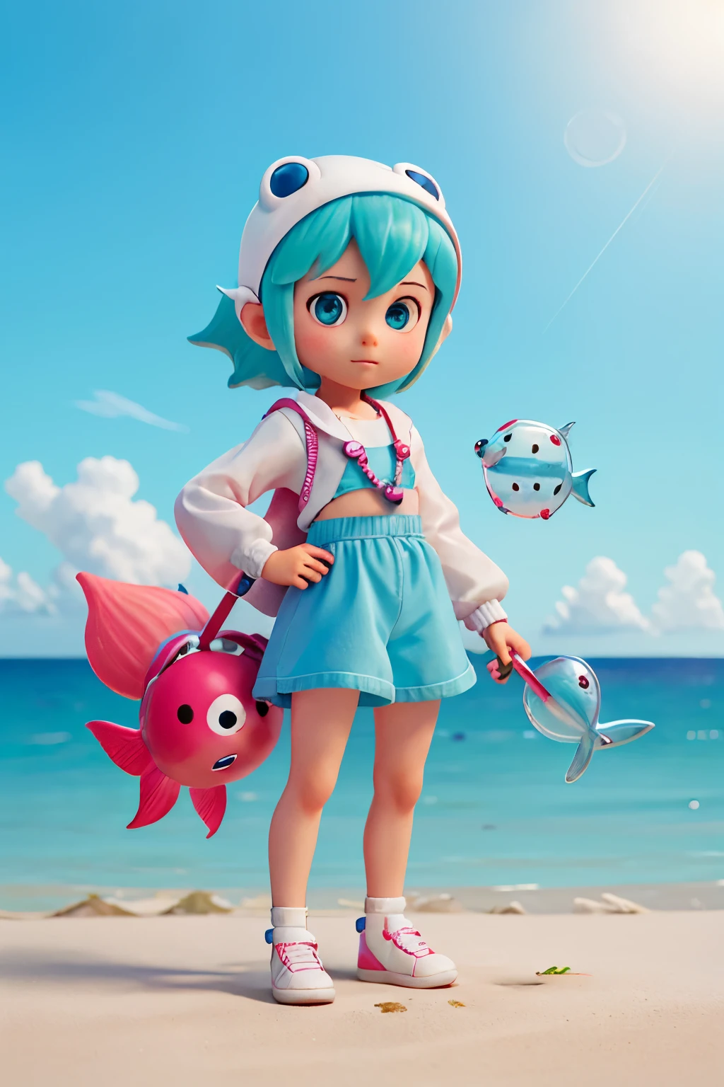 Super cute boy IP,Bubble Mart style,holding small fish in hand,Dolphin headgear,the ocean,pastelcolor,Models,a blind box toy,clean backdrop,frontage,3Drenderingof,Best Picture Quality,4k,White transparent background,