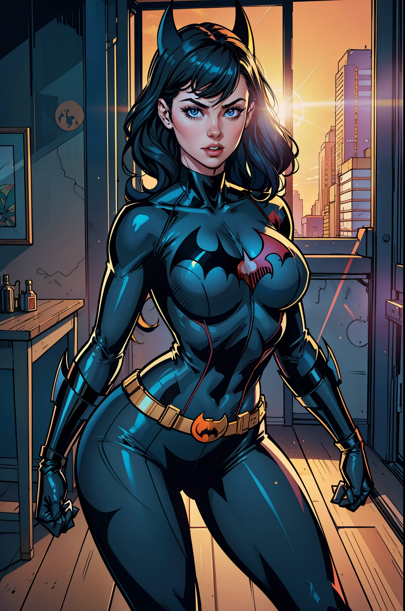 ((Realstic)) and ultra-detailed photography of a woman, sexy pose, batgirl, batwoman, action pose, whole body in frame, pin-up art, sunny, sunlight, daylight, daytime, woman is lit from the front, rim lighting, woman is well lit, sexy, beautiful woman, glowing skin, cinematic lighting, soft shadows