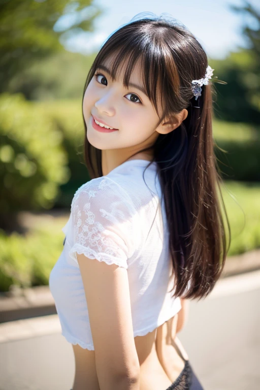 Image resolution 8K、masterpiece:1.3)、Beauty、1 female、(魅力的なbody:1.2)、abdomen:1.1、Dark Brown Hair:1.1、(body:1.2)、Ultra-detailed face、Attractive lips、double eyelid、Super realistic and detailed super cute in a white short sleeved zippered sailor suit and pink skirt、Japanese 、Japanese women、10th generation(18-year-old)、Smiling with a nice smile、Hair fluttering in the wind、Short Hairstyle、