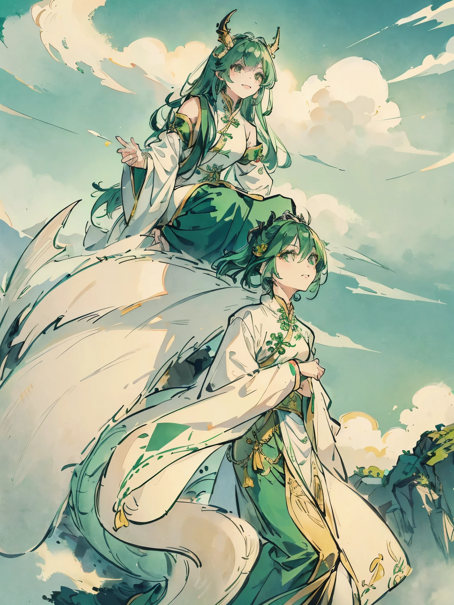 Women in Their 20s、green colored hair、Longhaire、Green eyes、Dragon horn、golden hair ornaments、White china clothes、jumpping、Smile、Chinese clouds in the background