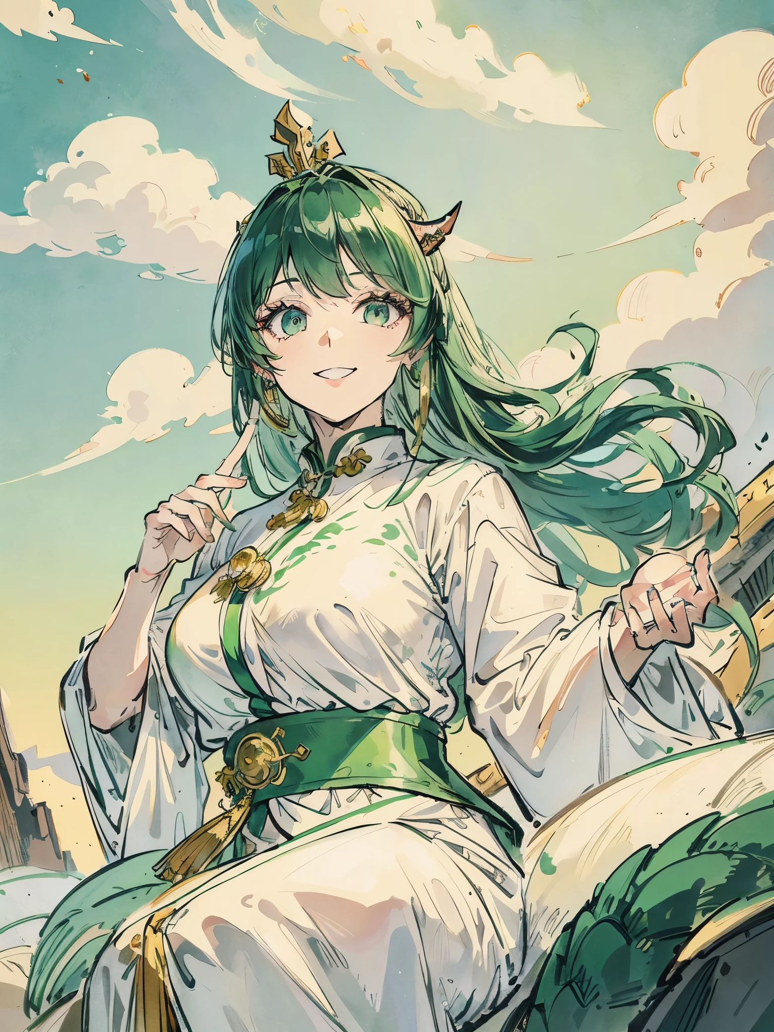 Women in Their 20s、green colored hair、Longhaire、Green eyes、Dragon horn、golden hair ornaments、White china clothes、jumpping、Smile、Chinese clouds in the background