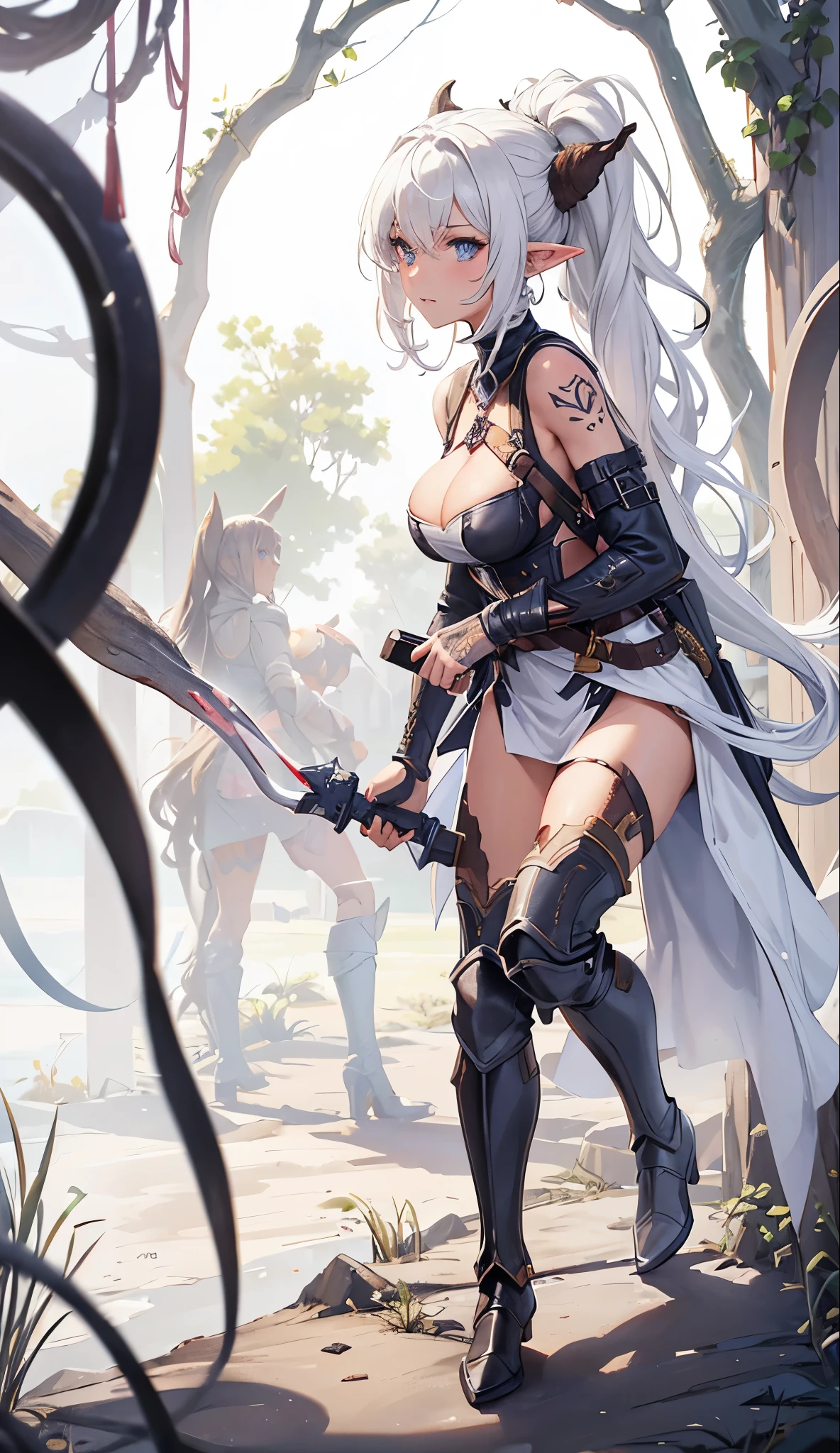 Combat action,closeup cleavage, The world of dreams, Dark Elf Maiden, curly ponytail, with brown skin , Long elven ears, humanoid creature, Light cloth armor, Her skin is brown, brown skin tone, 黑The eye, , Messy White Hair,low heel boots , armour, worn leather boots, tattoo is,bag on back