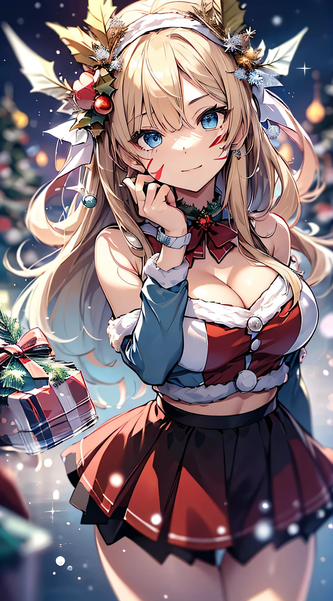 top-quality、Top image quality、masterpiece、teens girl((Cute Santa Costumes、santa style short skirt、santa style tank top、、 Ager、Best Bust、big bast,wide open breasts、Beautiful light blue eyerest, a blond、A slender,Large valleys、Reflecting the whole body、Laugh、dye one's cheeks red、Red Body Paint、Red Face Paint、be shy、heart mark、face to viewer、Hold the gift bag in your right hand、Gift Offerings)),hiquality、Beautiful Art、Background with(( natta、snowflakes falling、Nice and clean room.、Christmas Party、Party Venue、Christmas Lights、Christmas tree、)))、masutepiece、depth of fields,